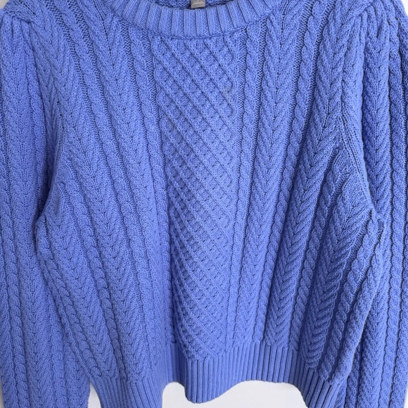 J.Crew Cable-Knit Puff-Sleeve Crewneck Sweater in Fresh Orchid sz L - Picture 4 of 10